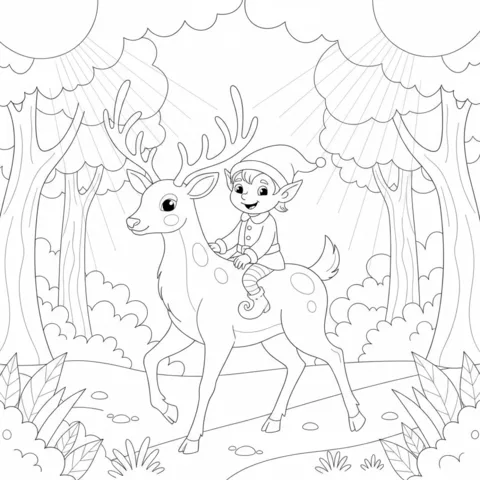Desenho de elfo para colorir: um elfo montando um veado através de uma floresta com raios de sol