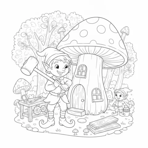 Desenho de elfo para colorir: um elfo segurando um martelo ao lado de uma casa de cogumelos e bancada