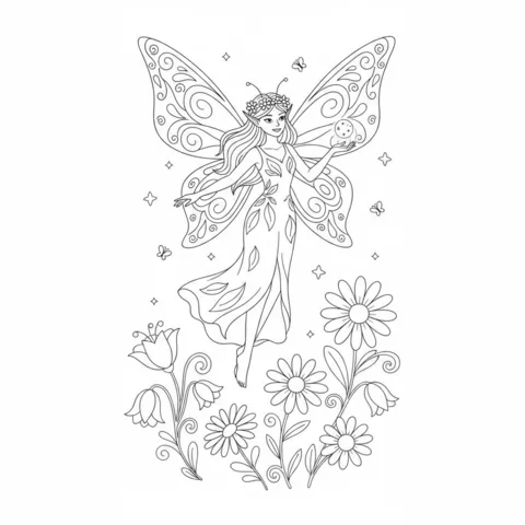 Desenho de elfo para colorir: uma fada com grandes asas segurando um orbe brilhante entre flores