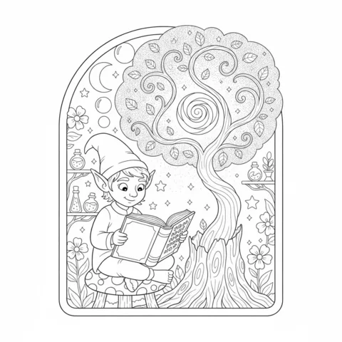 Desenho de elfo para colorir: um elfo lendo um livro em um banquinho de cogumelo sob uma árvore mágica