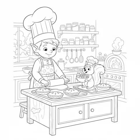 Desenho de elfo para colorir: um elfo e um esquilo assando tortas em uma cozinha com um forno