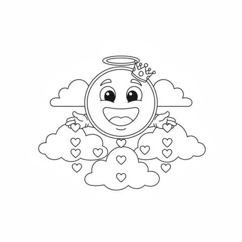 Emoji coloring page: an angel emoji with a halo and crown, surrounded by clouds and hearts