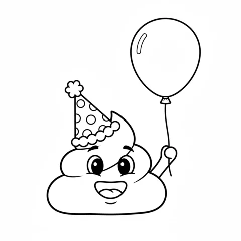 Emoji coloring page: a smiling poop emoji wearing a party hat and holding a balloon