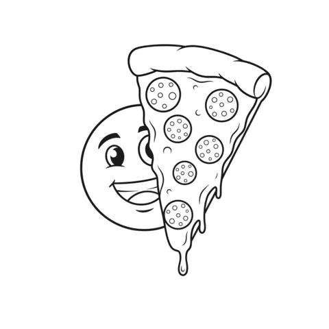 Emoji coloring page: a happy emoji peeking from behind a large slice of pepperoni pizza