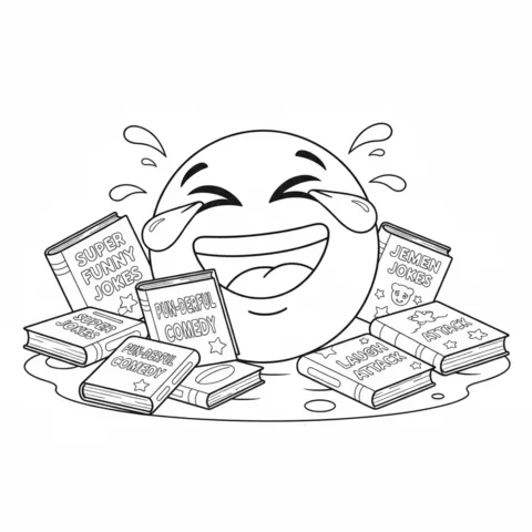 Emoji coloring page: a laughing emoji surrounded by several books with funny joke titles