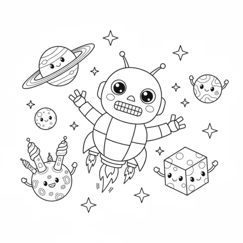 Emoji coloring page: a rocket-shaped robot flying among stars and cute cartoon planets