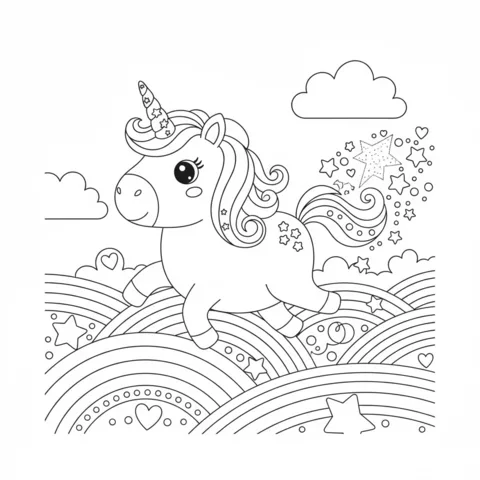 Emoji coloring page: a cute unicorn with a starry mane running on rainbows with clouds