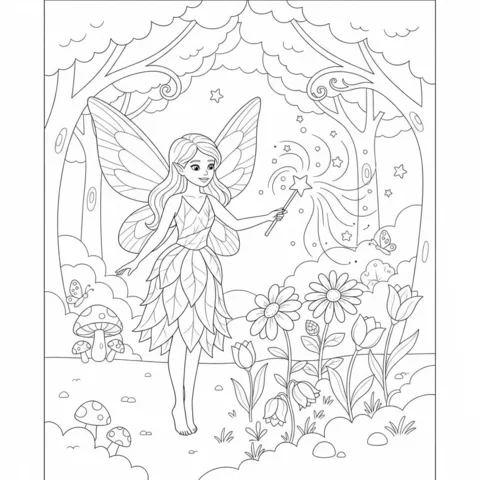Disegno di Fata da colorare: una fata con ali e vestito di foglie che lancia un incantesimo con la sua bacchetta in una foresta