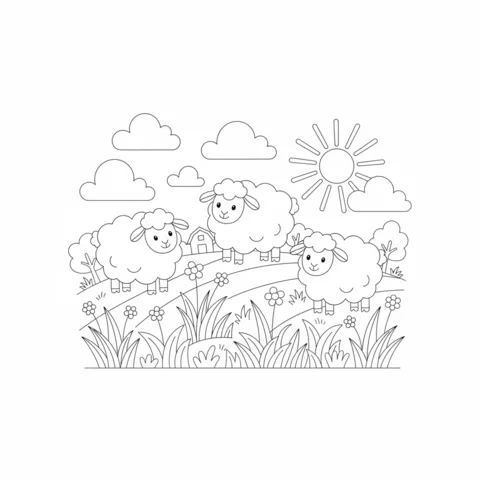 Sheep coloring page: three fluffy sheep on a grassy hill with a barn and sun
