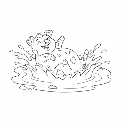 Pig coloring page: a happy spotted pig splashing in a muddy puddle