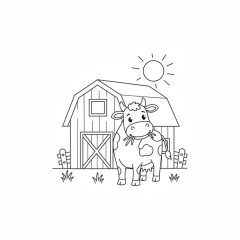 Cow coloring page: a cute cow eating grass in front of a barn on a sunny day