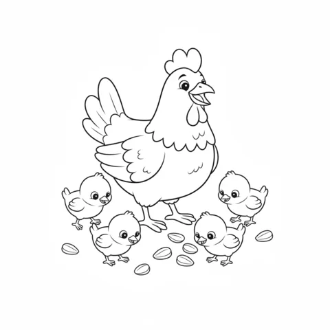 Chicken coloring page: a hen and four chicks pecking at seeds on the ground