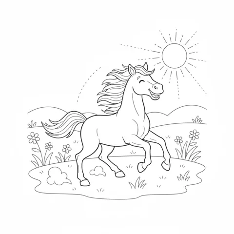 Horse coloring page: a happy horse galloping through a field of flowers under the sun