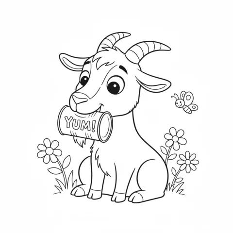 Goat coloring page: a smiling goat sitting in flowers, holding a "YUM!" can