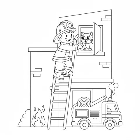 Dibujo de bombero para colorear: un niño bombero apagando una hoguera con una manguera, un camión de bomberos y una casa al fondo