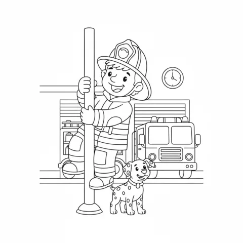 Dibujo de bombero para colorear: un camión de bomberos con una cara sonriente, un bombero saludando y un gato en un árbol en llamas
