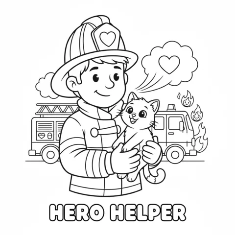 Dibujo de bombero para colorear: un bombero en una escalera sosteniendo un gato, con niños y un adulto mirando