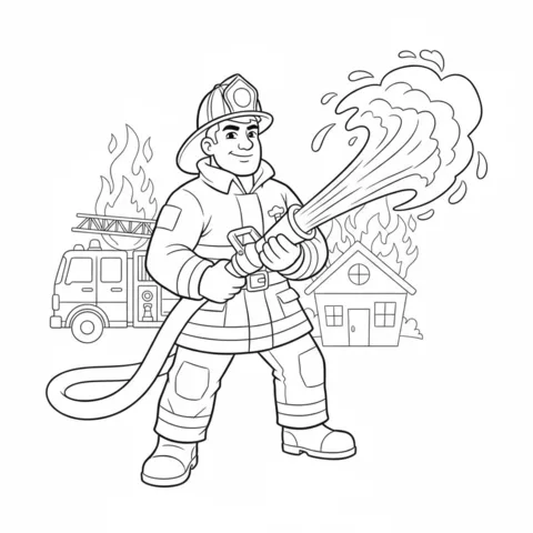 Dibujo de bombero para colorear: un bombero subiendo una escalera para rescatar a un gato de una ventana en llamas