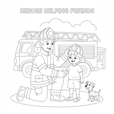 Dibujo de bombero para colorear: un bombero sonriente sosteniendo un hacha y haciendo un pulgar hacia arriba, con una casa en llamas y un camión de bomberos detrás