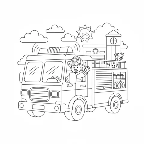 Dibujo de bombero para colorear: un bombero enseñando seguridad contra incendios a cuatro niños, con un camión de bomberos e hidrantes