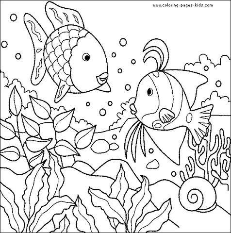 Desenho de peixe para colorir: dois peixes diferentes nadando entre algas, corais e um caracol
