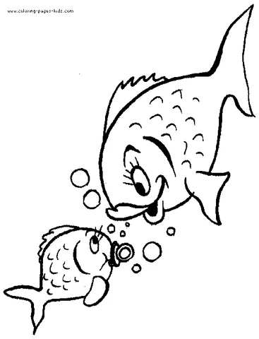 Desenho de peixe para colorir: um peixe grande soprando bolhas para um peixe menor com chupeta