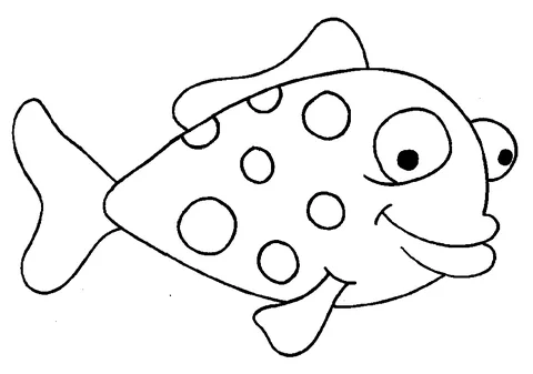 Desenho de peixe para colorir: um peixe sorridente com grandes bolinhas no corpo e olhos grandes