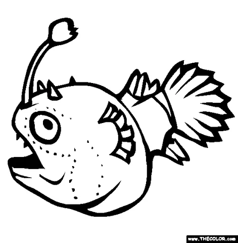 Desenho de peixe para colorir: um tamboril com dentes afiados, espinhos e uma isca luminosa