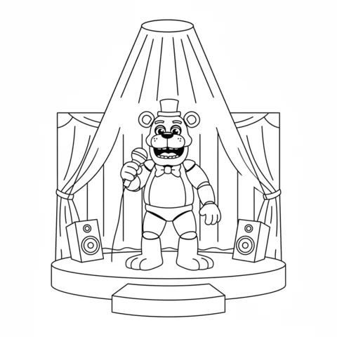 Freddy Fazbear coloring page: Freddy Fazbear singing on stage with a microphone and speakers