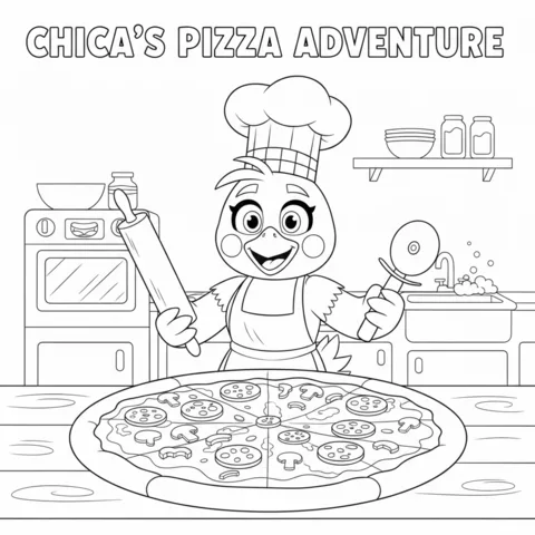 Chica coloring page: Chica the chicken chef holding a rolling pin and pizza cutter with a large pizza
