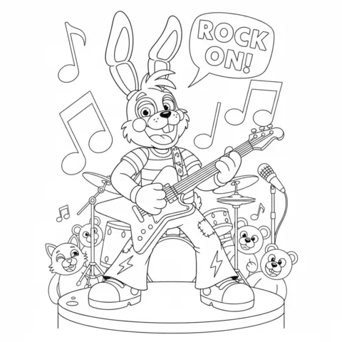 Bonnie coloring page: Bonnie the rabbit playing an electric guitar surrounded by musical notes and stuffed animals