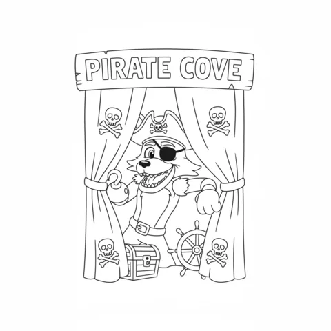 Foxy coloring page: Foxy the pirate fox emerging from behind curtains with a treasure chest and ship's wheel