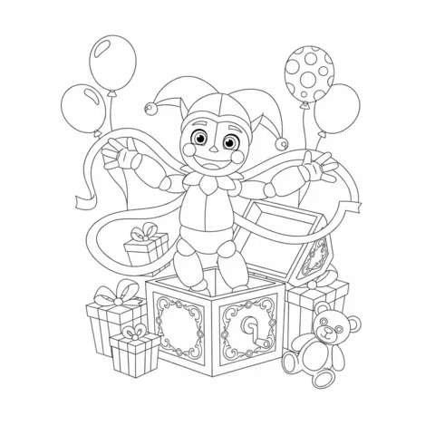 Balloon Boy coloring page: Balloon Boy popping out of a jack-in-the-box surrounded by gifts and balloons