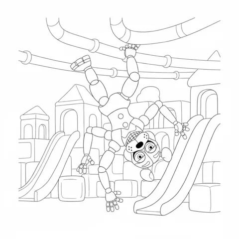 Minireena coloring page: Minireena hanging upside down from pipes in a playground with slides and blocks
