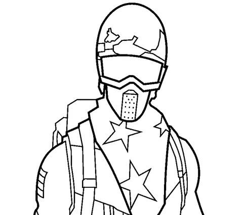 Ausmalbild Fortnite: ein Soldat mit Helm, Schutzbrille und Gesichtsmaske mit Sternen auf der Brust