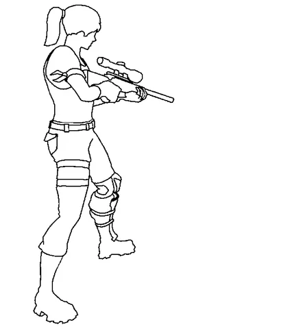 Ausmalbild Fortnite: eine weibliche Figur, die mit einem Scharfschützengewehr zielt, in dynamischer Pose stehend