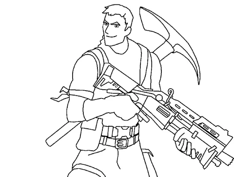 Ausmalbild Fortnite: eine männliche Figur, die eine Maschinenpistole und eine Spitzhacke auf dem Rücken trägt