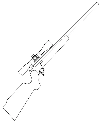 Ausmalbild Fortnite: ein Scharfschützengewehr mit Zielfernrohr und langem Lauf, bereit zum Einsatz