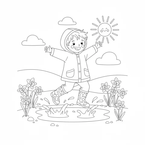 Disegno di Primavera da colorare: un bambino in impermeabile che sguazza nelle pozzanghere sotto una nuvola di pioggia sorridente