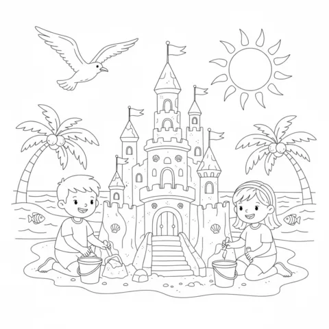 Disegno di Estate da colorare: due bambini che costruiscono un castello di sabbia sulla spiaggia sotto un sole sorridente