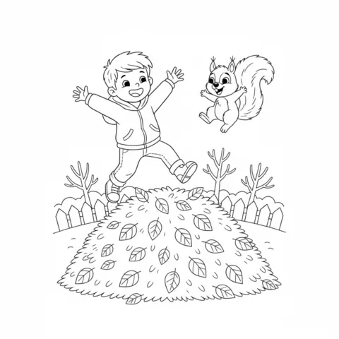 Disegno di Autunno da colorare: un ragazzo felice che salta in un grande mucchio di foglie autunnali cadute
