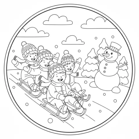 Disegno di Inverno da colorare: due bambini e un cucciolo che costruiscono un pupazzo di neve nella neve con alberi