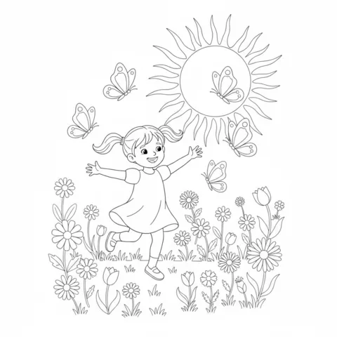 Disegno di Primavera da colorare: un bambino che pianta semi in un giardino con fiori, una recinzione e un'ape