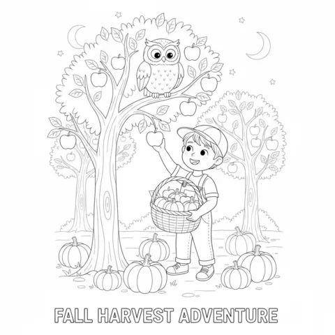 Disegno di Autunno da colorare: una bambina su uno sgabello che raccoglie mele da un albero in un cesto