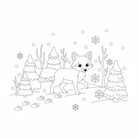 Disegno di volpe da colorare: una volpe che cammina in una foresta innevata, lasciando impronte nella neve