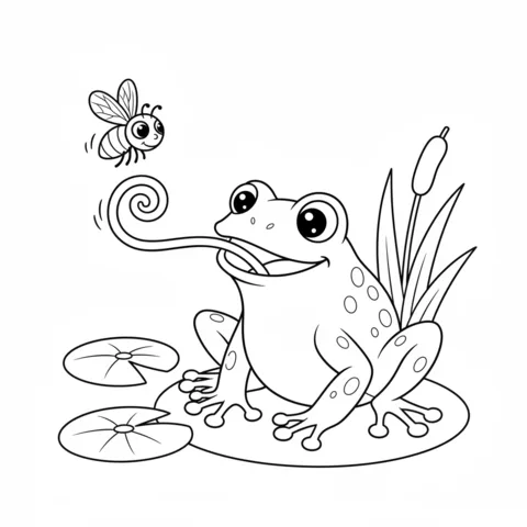 Ausmalbild Frosch: ein Frosch mit herausgestreckter Zunge, der versucht, eine fliegende Biene zu fangen