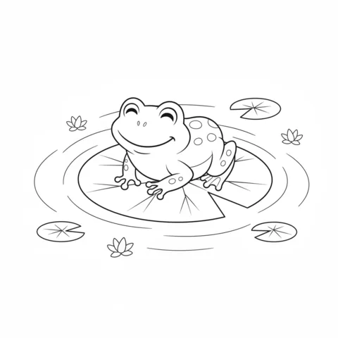 Ausmalbild Frosch: ein glücklicher Frosch sitzt auf einem Seerosenblatt in einem Teich mit kleinen Blumen