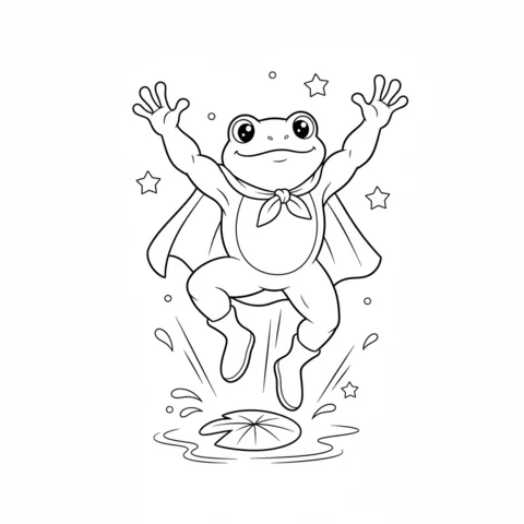 Ausmalbild Frosch: ein Superhelden-Frosch mit Umhang springt aus dem Wasser, Sterne um ihn herum