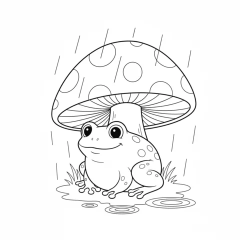 Ausmalbild Frosch: ein Frosch sitzt unter einem großen gepunkteten Pilz und schützt sich vor dem Regen