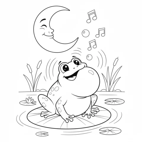 Ausmalbild Frosch: ein Frosch singt nachts auf einem Seerosenblatt, mit einem lächelnden Mond und Musiknoten